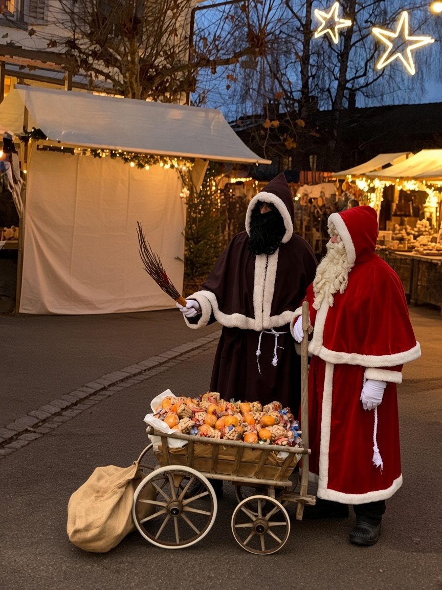 Samichlaus und Schmutzli mit dem Wagen am Abend, Sternlichter über dem Markt