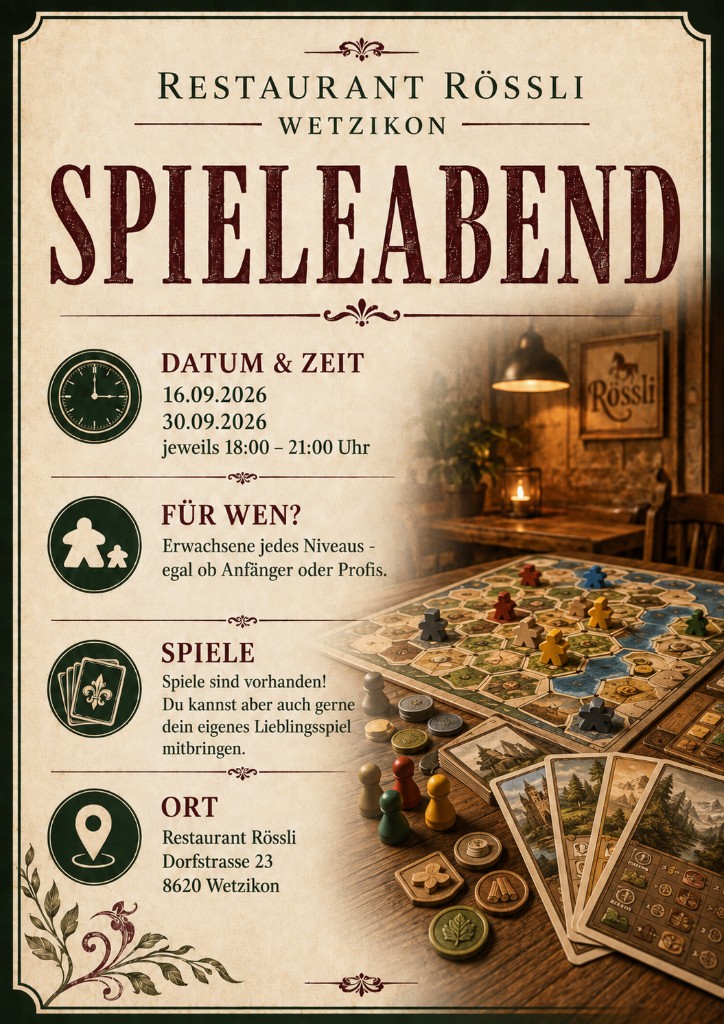 Flyer Spieleabend im Restaurant Rössli