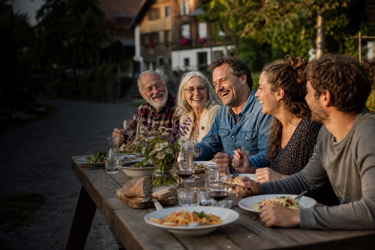 Nachbarinnen und Nachbarn lachen und essen gemeinsam am Tisch