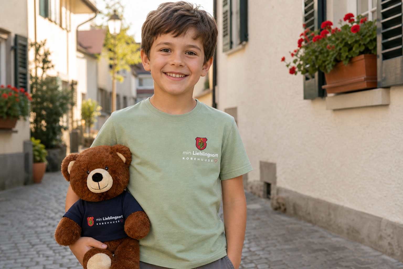 Chind mit Robehuuse-Shirt und Stofftier