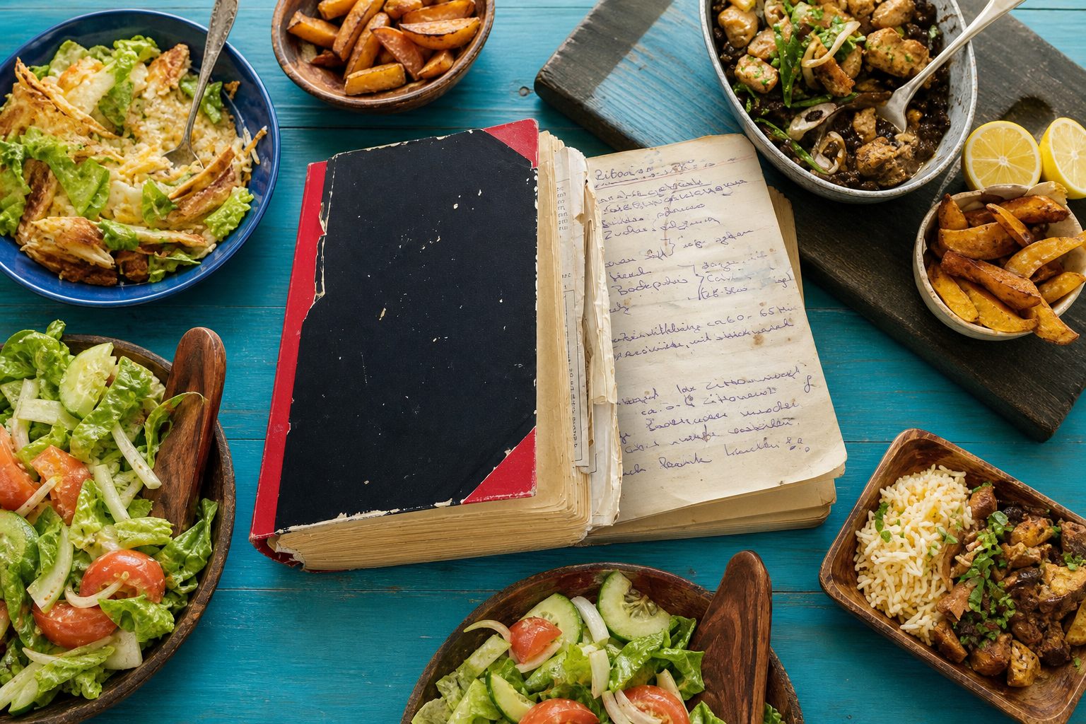 Altes Kochbuch auf dem Tisch, umgeben von Schüsseln mit Essen