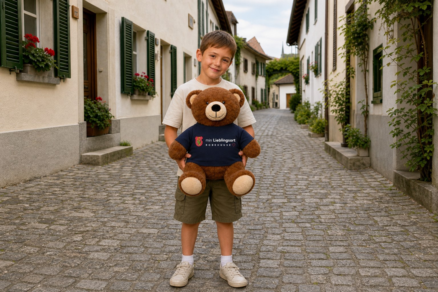 Chind mit Robehuuse-Stofftier
