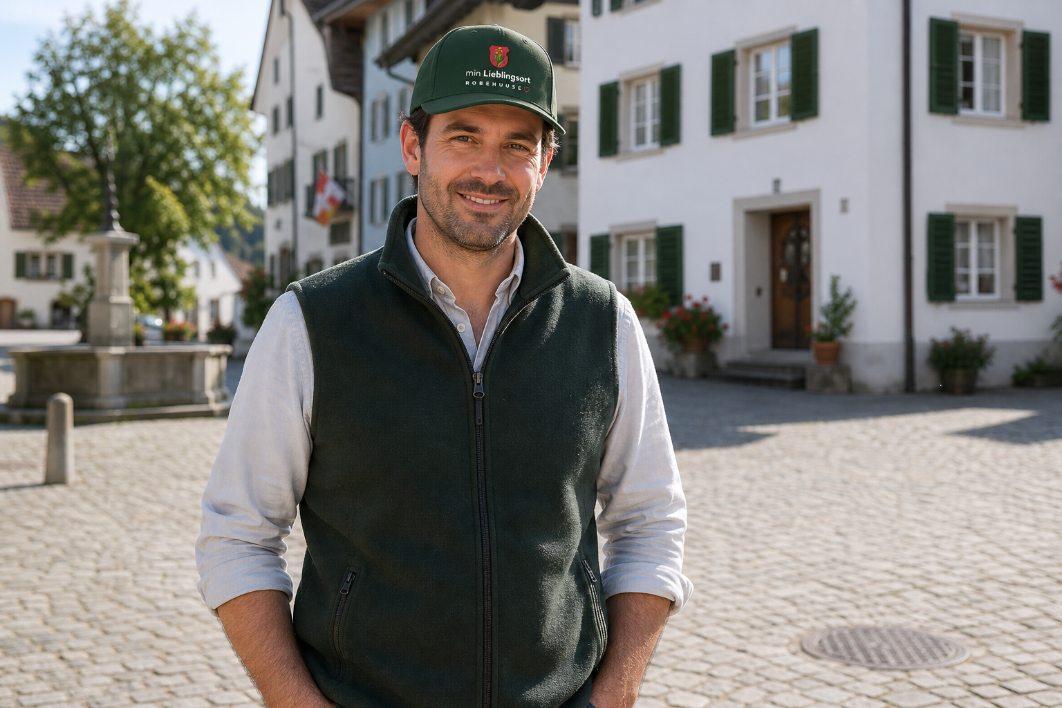 Robehuuse-Cap und dunkli Weste im Quartier