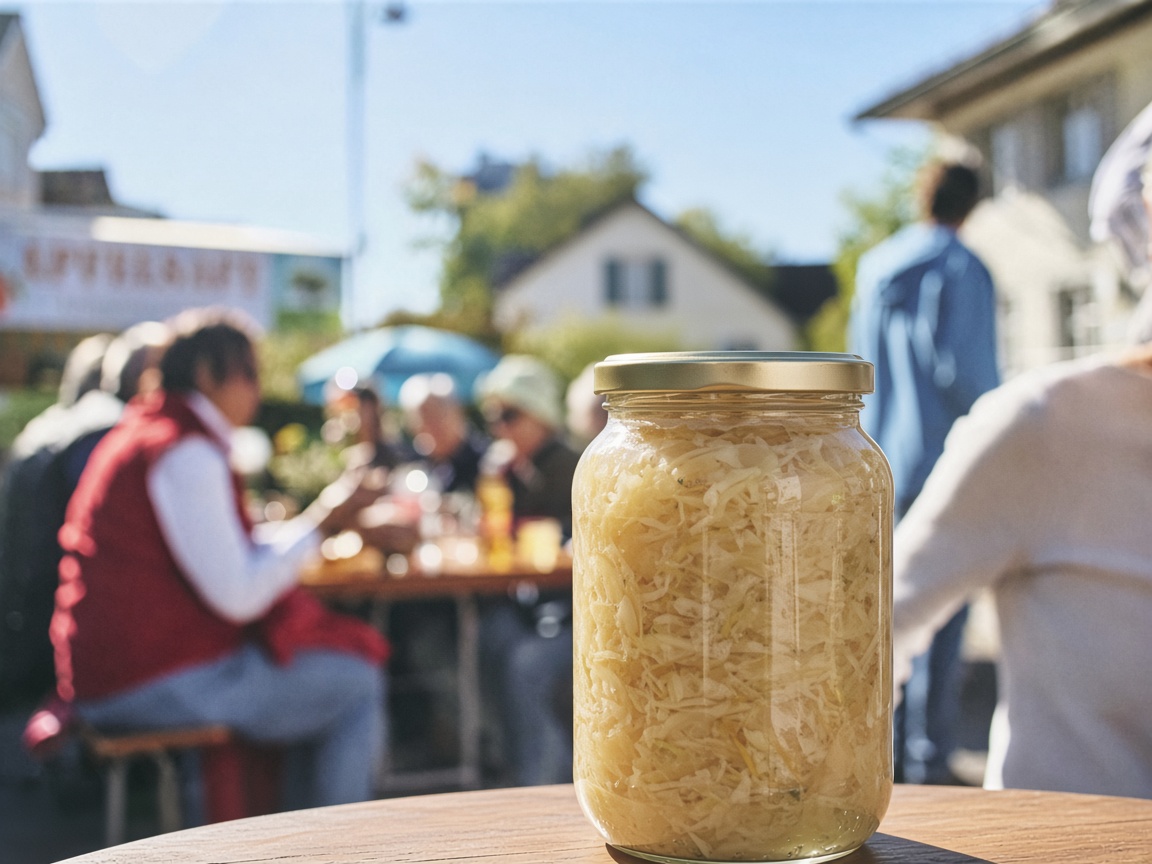 Ein Glas Sauerkraut vor dem Wochenmarkt