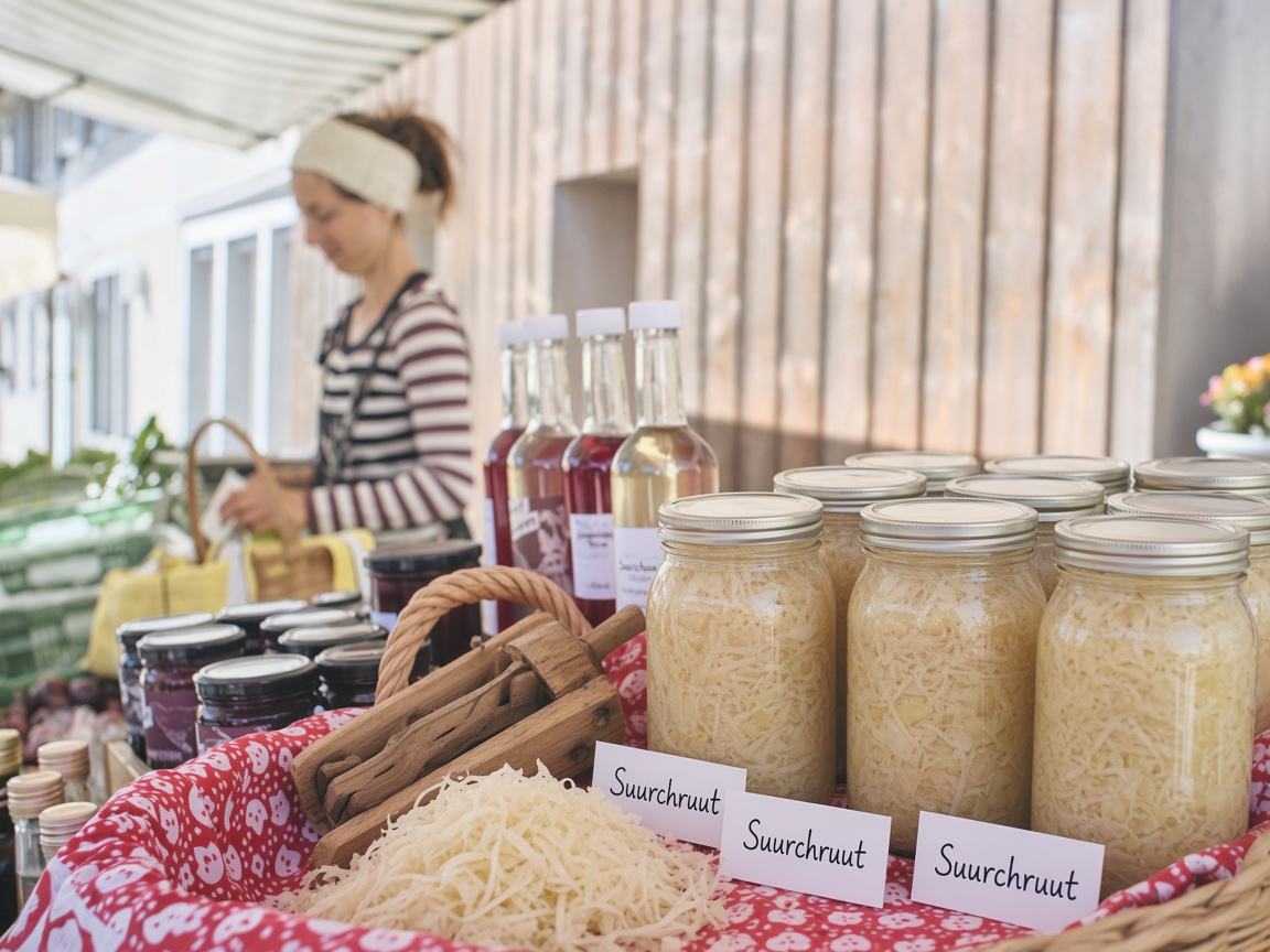 Sauerkraut im Glas, schön angerichtet am Marktstand