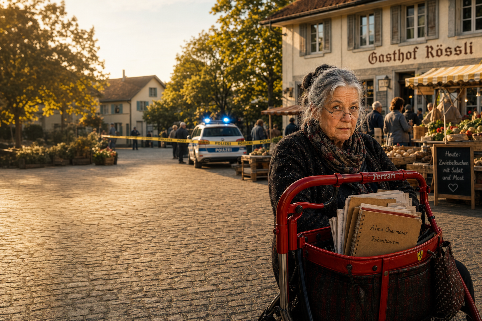 Alma Obermaier mit Rollator Ferrari am Rössliplatz – Tatort im Hintergrund