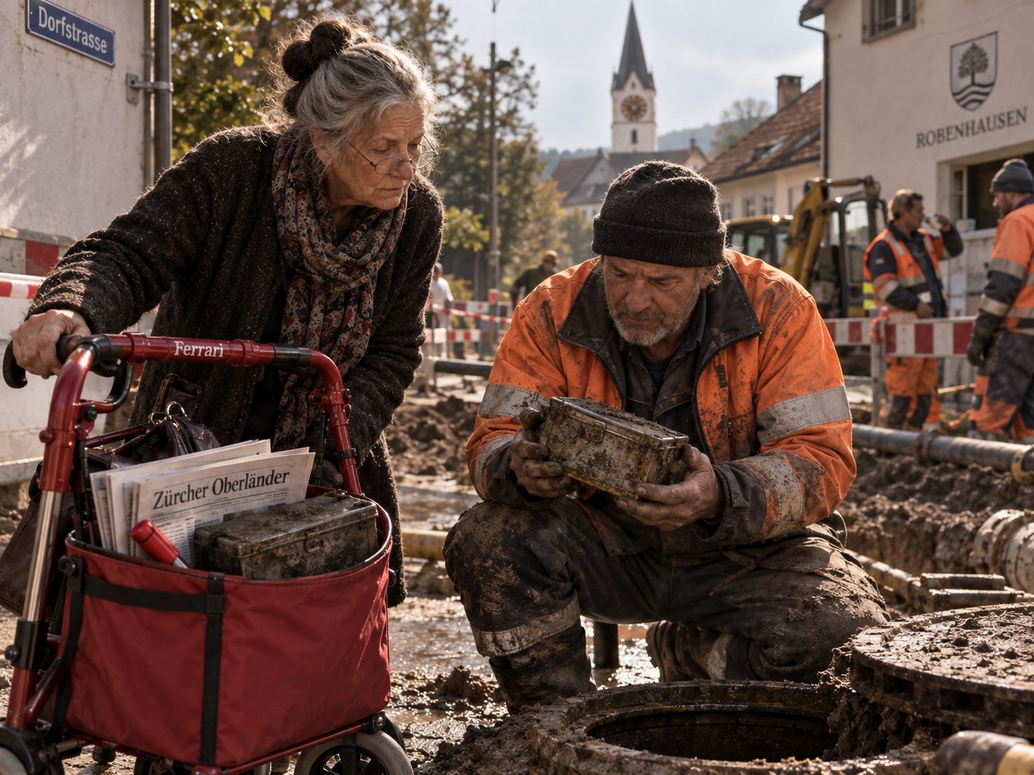Alma Obermaier am offenen Graben an der Dorfstrasse