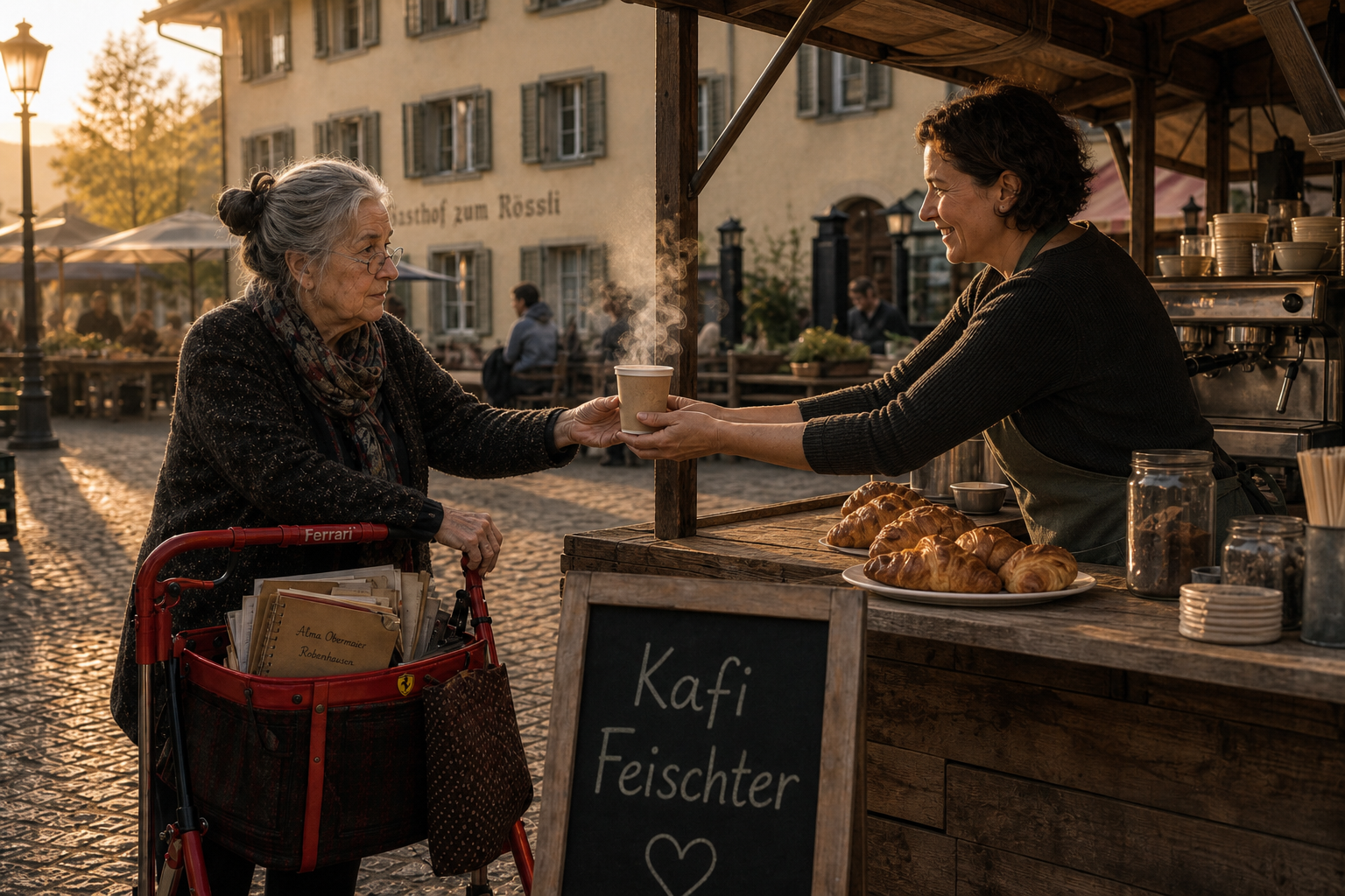 Alma Obermaier holt Kaffee am Stand Kafi Feischter