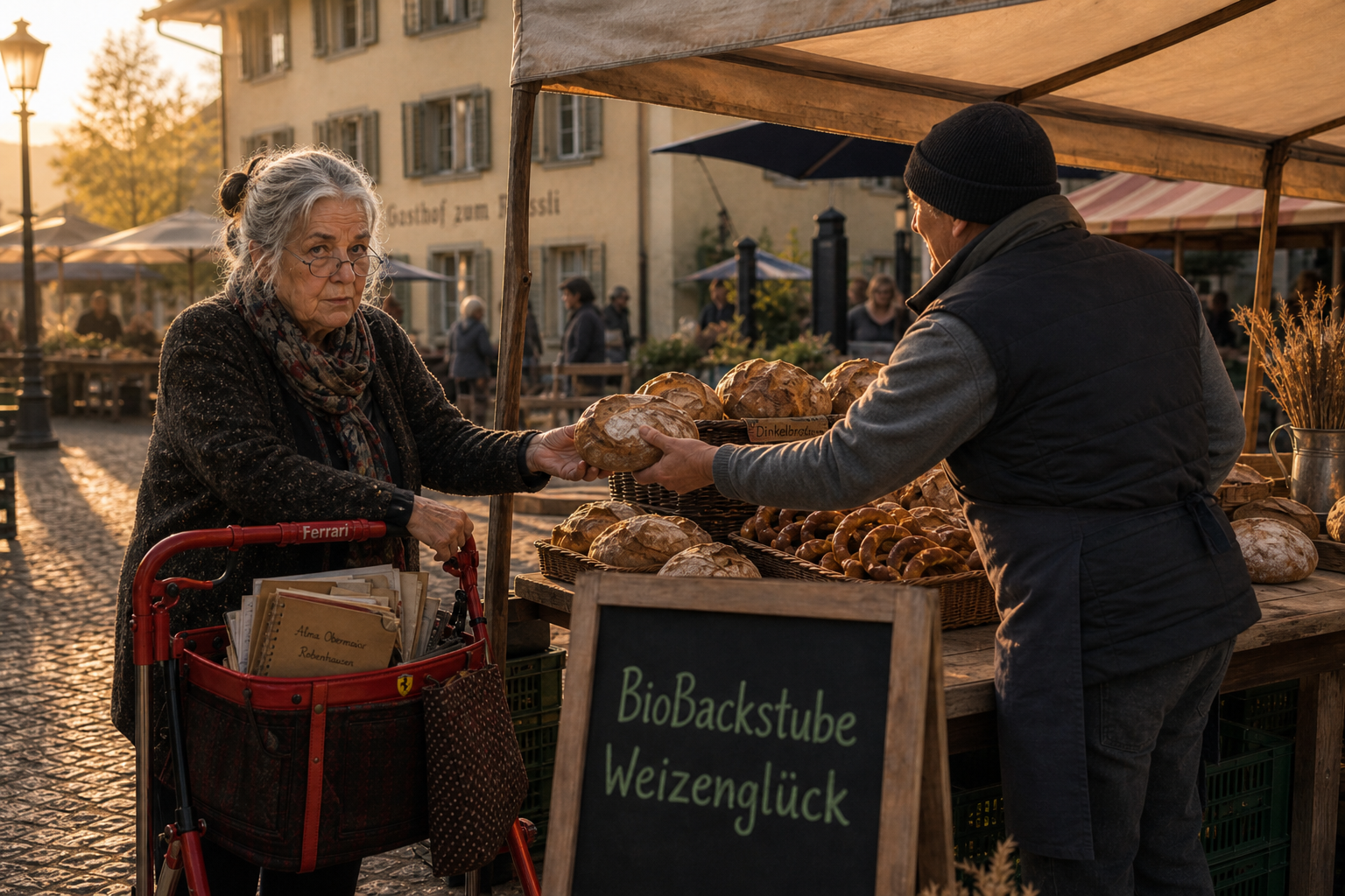 Alma Obermaier kauft Brot am Stand BioBackstube Weizenglück